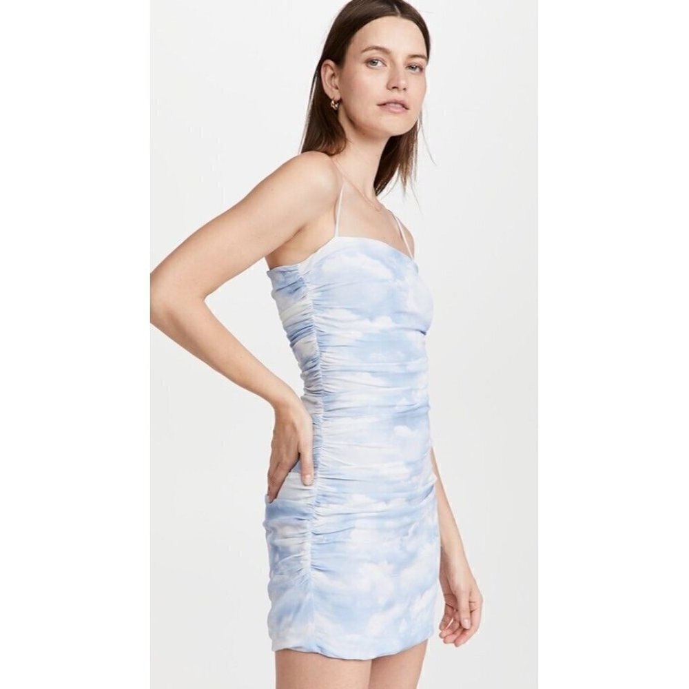 WeWoreWhat Womens Ronnie Slip Dress XS Powder Blue White Cloud Print Ruched Mini